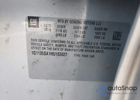 2017 Chevrolet Impala 1Lt from USA, damaged, VIN 1G1105SA1HU153927